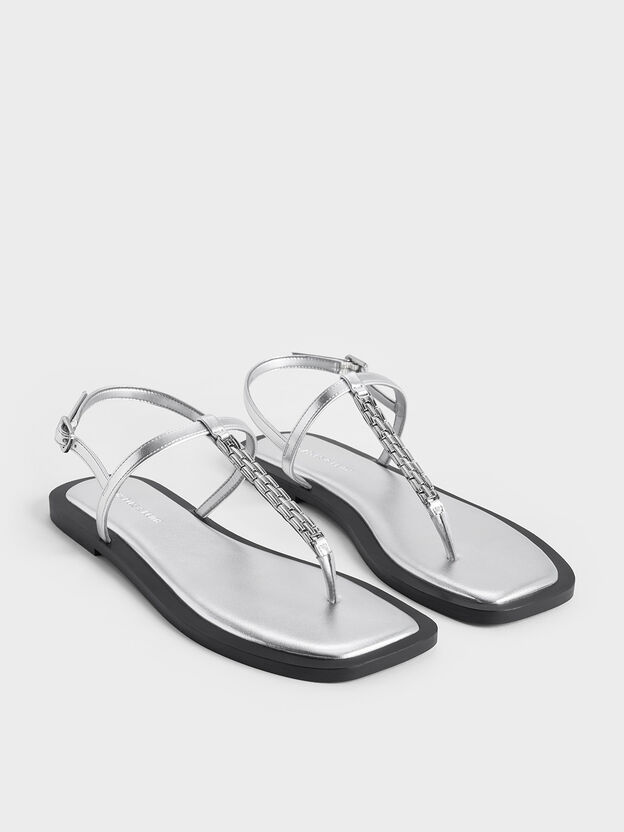 Metallic Chain-Link Thong Sandals, Silver, hi-res