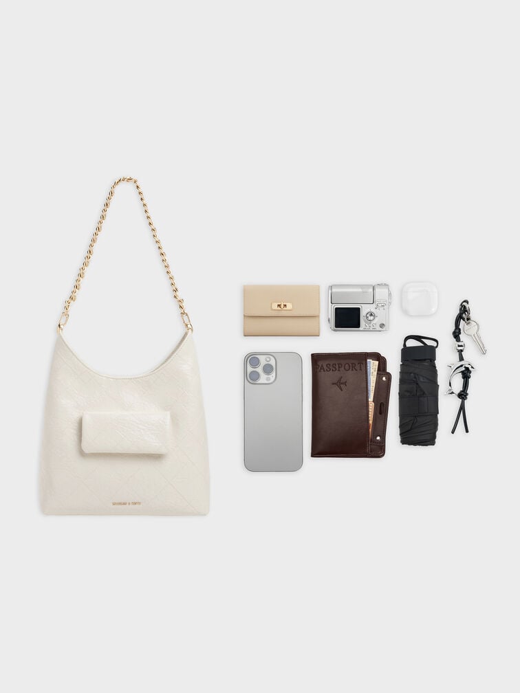 Bolso hobo Duo acolchado con cadena y bolsillo frontal, Crema, hi-res