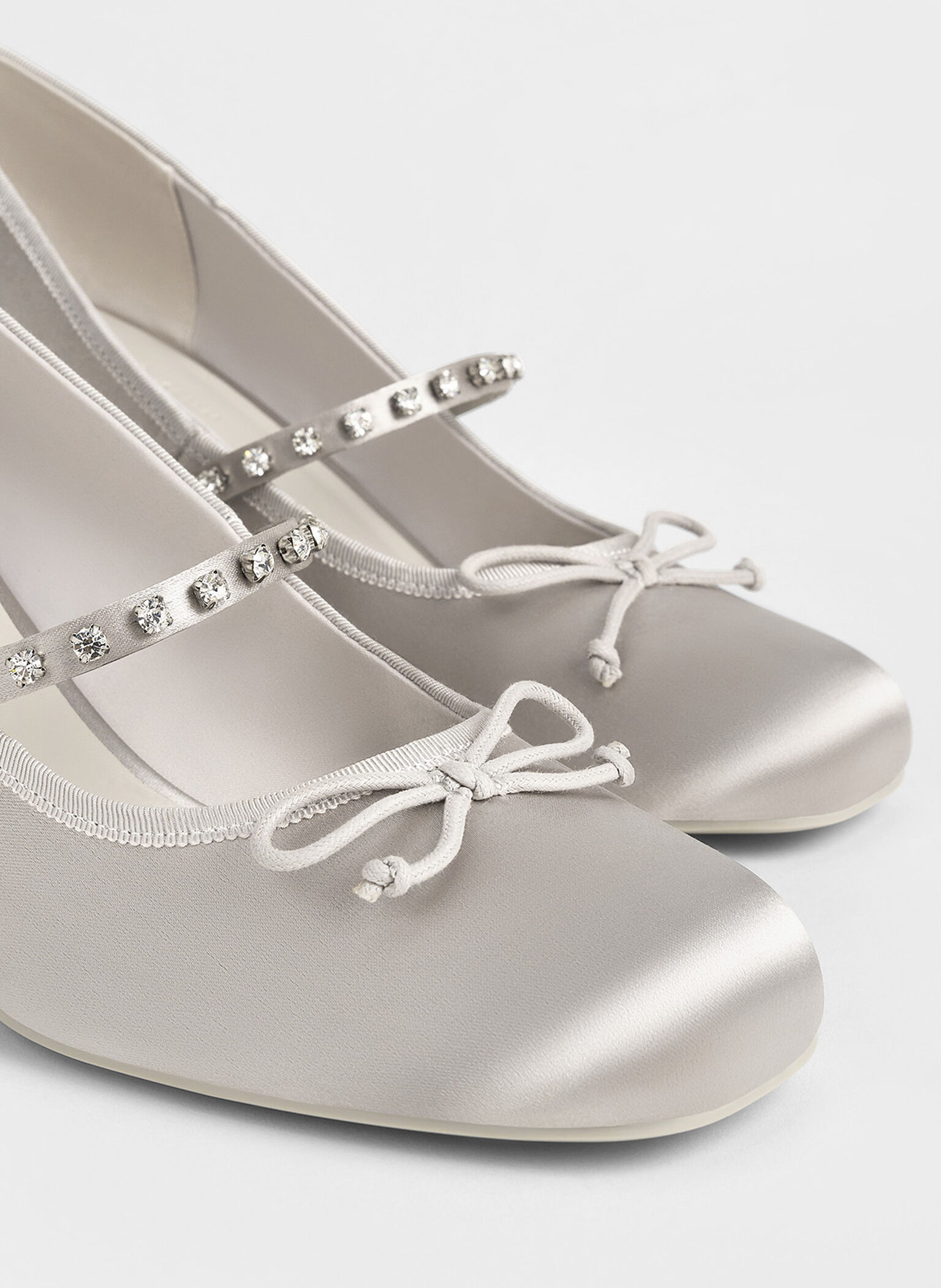 Satin Gem-Embellished Bow Mary Jane Pumps, Light Grey, hi-res