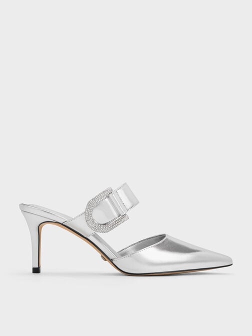 Gabine Leather Metallic Crystal-Embellished Mule Pumps, Silver, hi-res