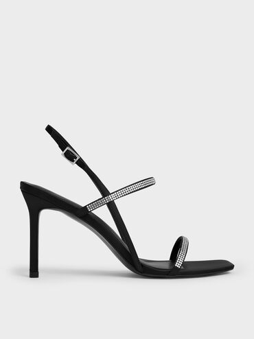 Arona Satin Crystal-Embellished Stiletto-Heel Sandals, Black Textured, hi-res