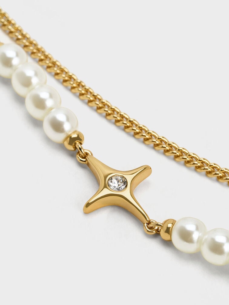 珍珠極星雙層項鍊, 金色, hi-res