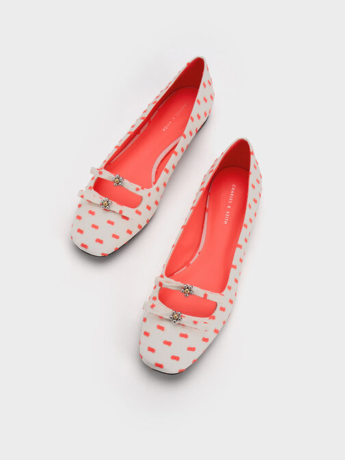 Floral Beaded Printed Bow Ballerinas, Coral Pink, hi-res