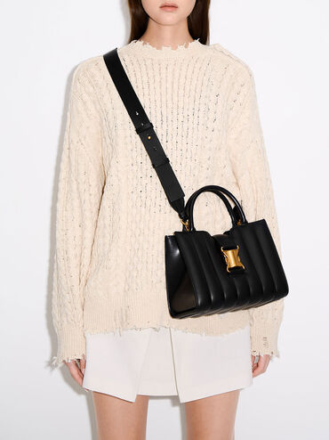 Ivy Panelled Metallic Buckle Tote, Black, hi-res