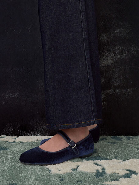 Carmel Velvet Buckled Mary Jane Flats, Dark Blue, hi-res