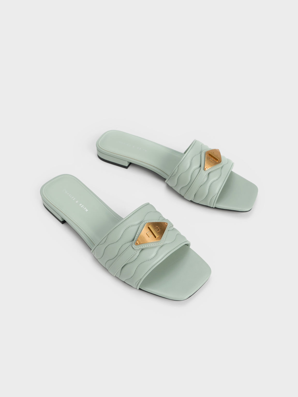 Metallic Buckle Textured Slides, Mint Green, hi-res