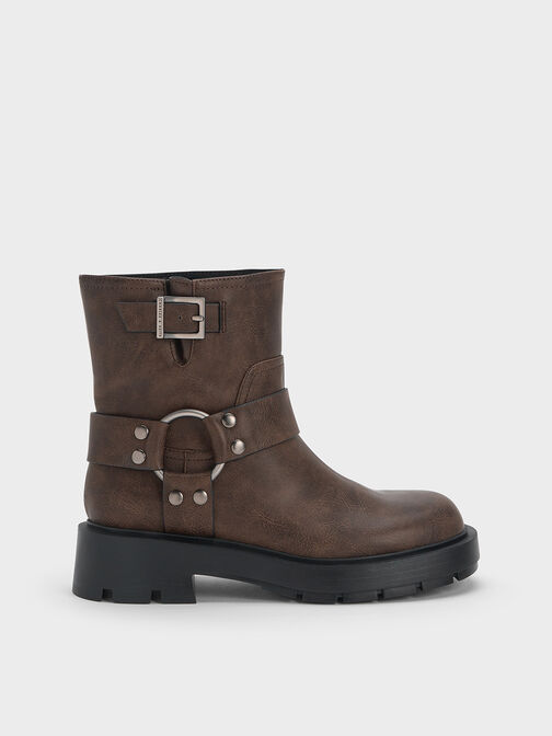 Metallic Buckled Ankle Boots, Dark Brown, hi-res