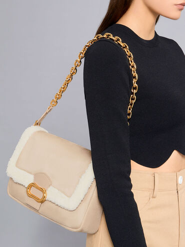 Daki Fur-Trim Belted Trapeze Bag, Beige, hi-res