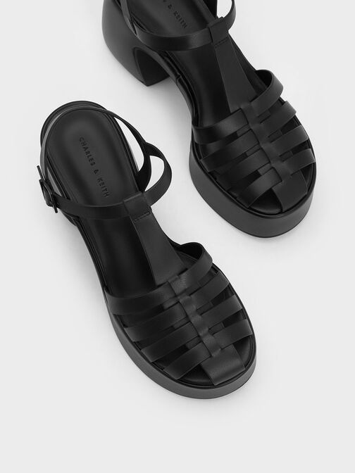編織厚底楔型涼鞋, 黑色, hi-res