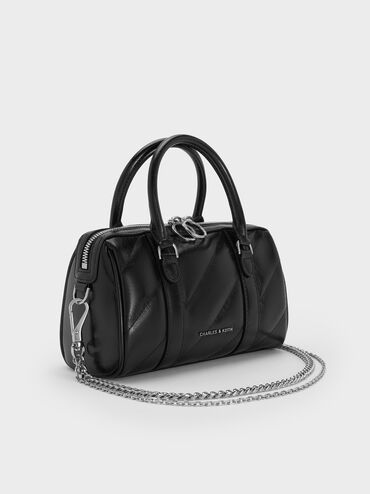 Philomena Panelled Chain-Handle Bowling Bag, Noir, hi-res
