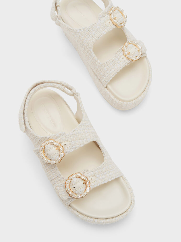 Tweed Pearl-Buckle Double Strap Sandals, Chalk, hi-res