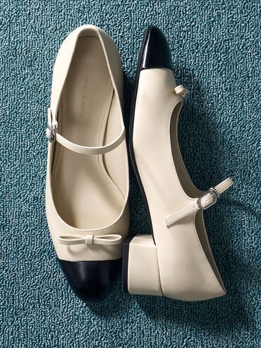Bow Cap-Toe Mary Jane Pumps, Chalk, hi-res