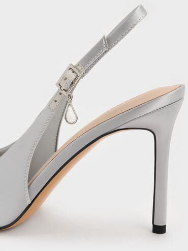 Satin Teardrop-Crystal Stiletto-Heel Slingback Pumps, Silver, hi-res