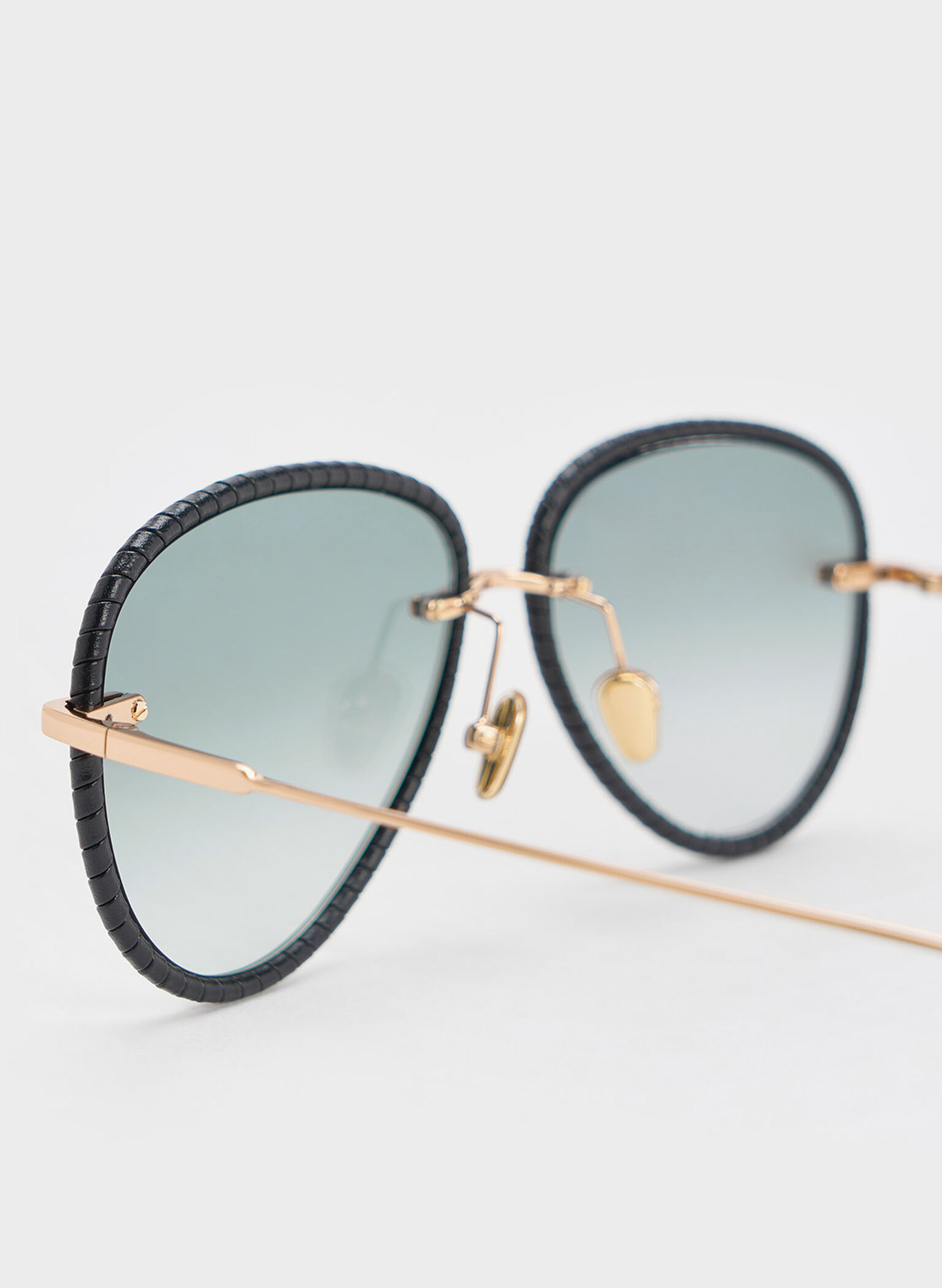 Leather Braided-Rim Aviator Sunglasses, Black, hi-res