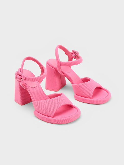 Sandalias Tejidas con Tacón Trapecio y Hebilla, Rosa, hi-res