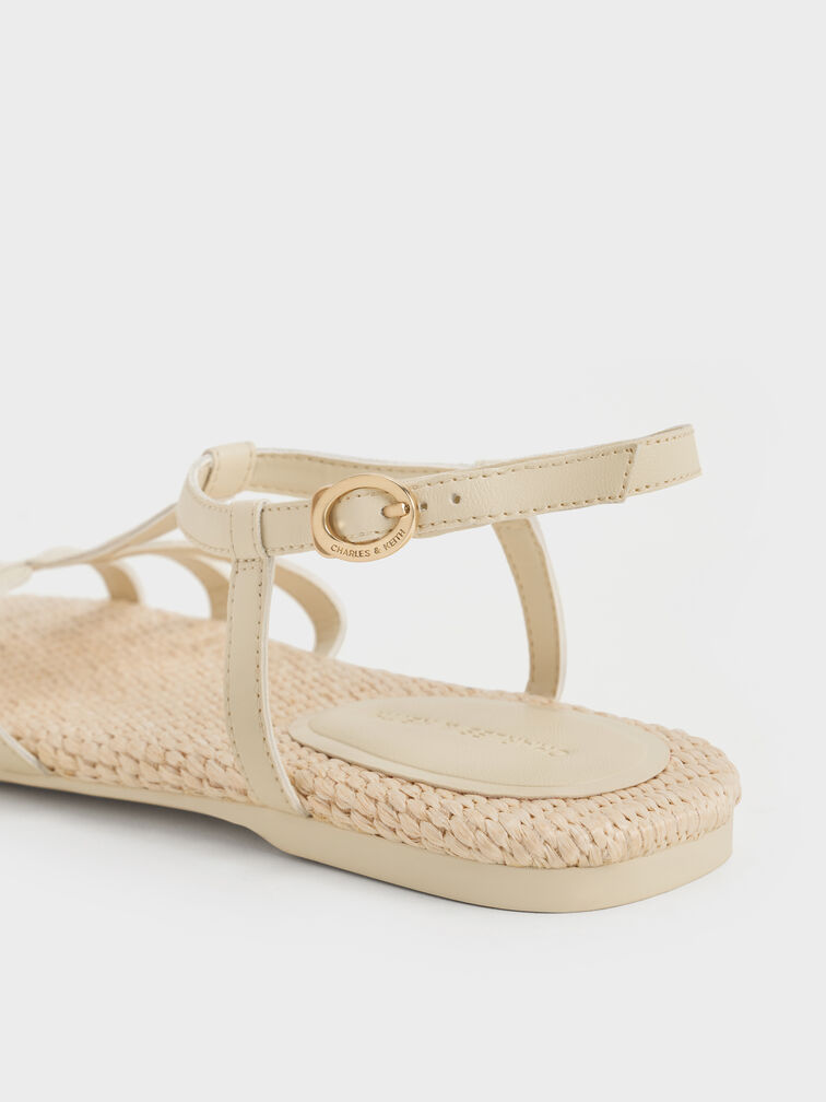 Strappy Raffia T-Bar Ankle-Strap Sandals, Cream, hi-res