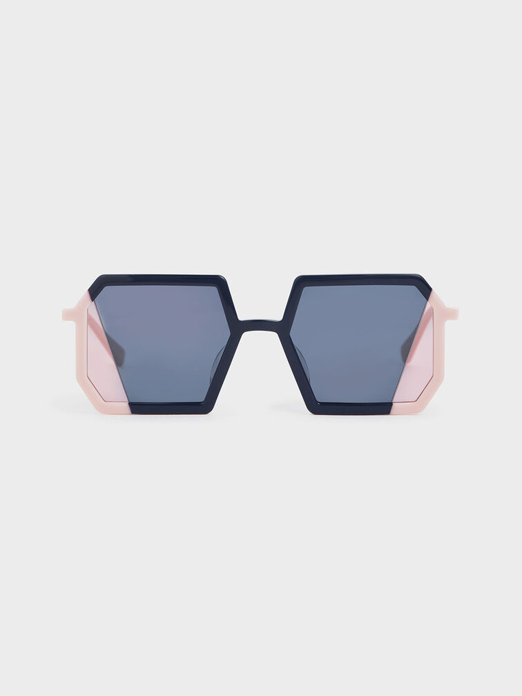 Two-Tone Geometric Sunglasses, Dark Blue, hi-res