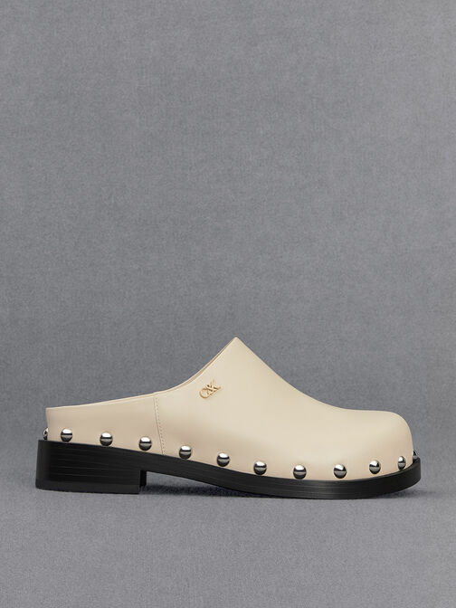 Leather Studded Clogs, Chalk, hi-res