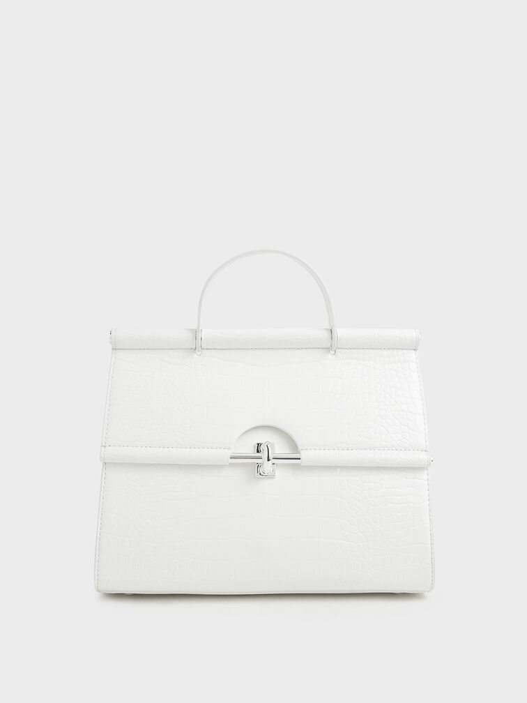 Croc-Effect Structured Single Top Handle Bag, White, hi-res