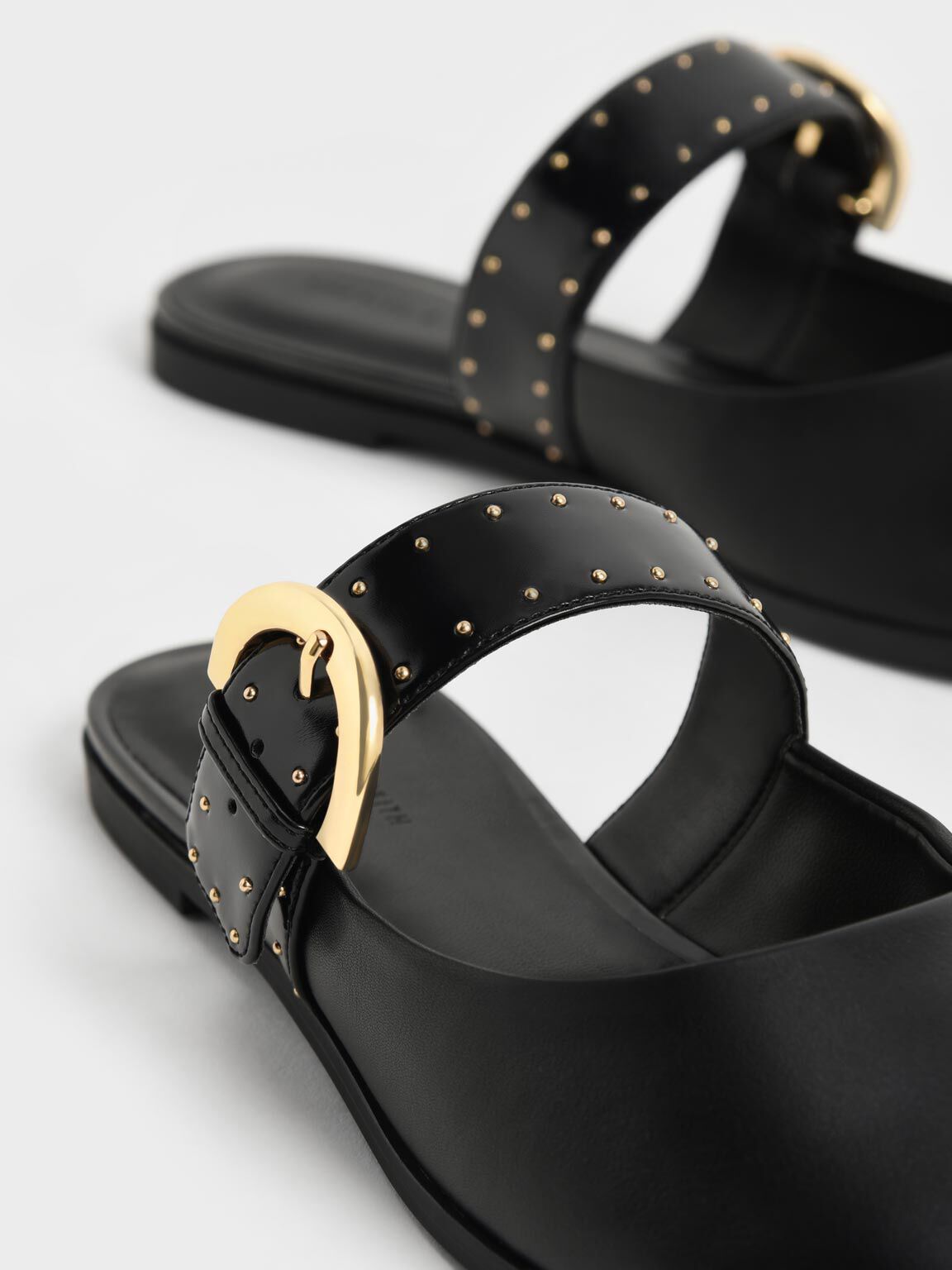 Black Studded Buckled Flat Mules - CHARLES & KEITH KH