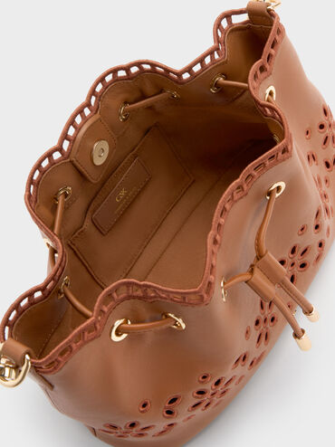 Leather Embroidered Bucket Bag, Cognac, hi-res