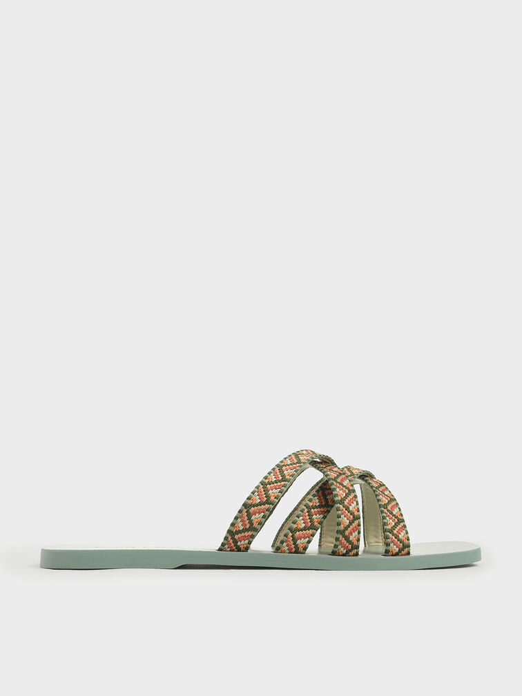 Woven Strappy Slide Sandals, Green, hi-res