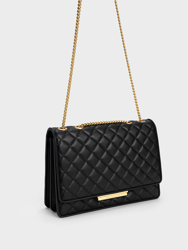 Push-Lock Quilted Crossbody Bag, Black, hi-res