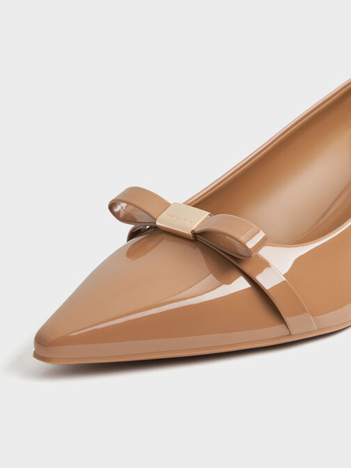 Dorian Patent Bow Pointed-Toe Block-Heel Pumps, Caramel, hi-res
