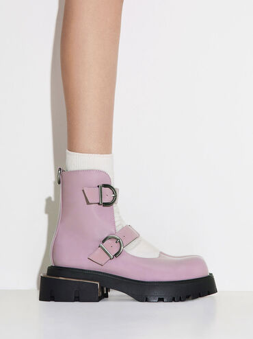 Selma Patent Buckled Chunky Boots, Lilac, hi-res