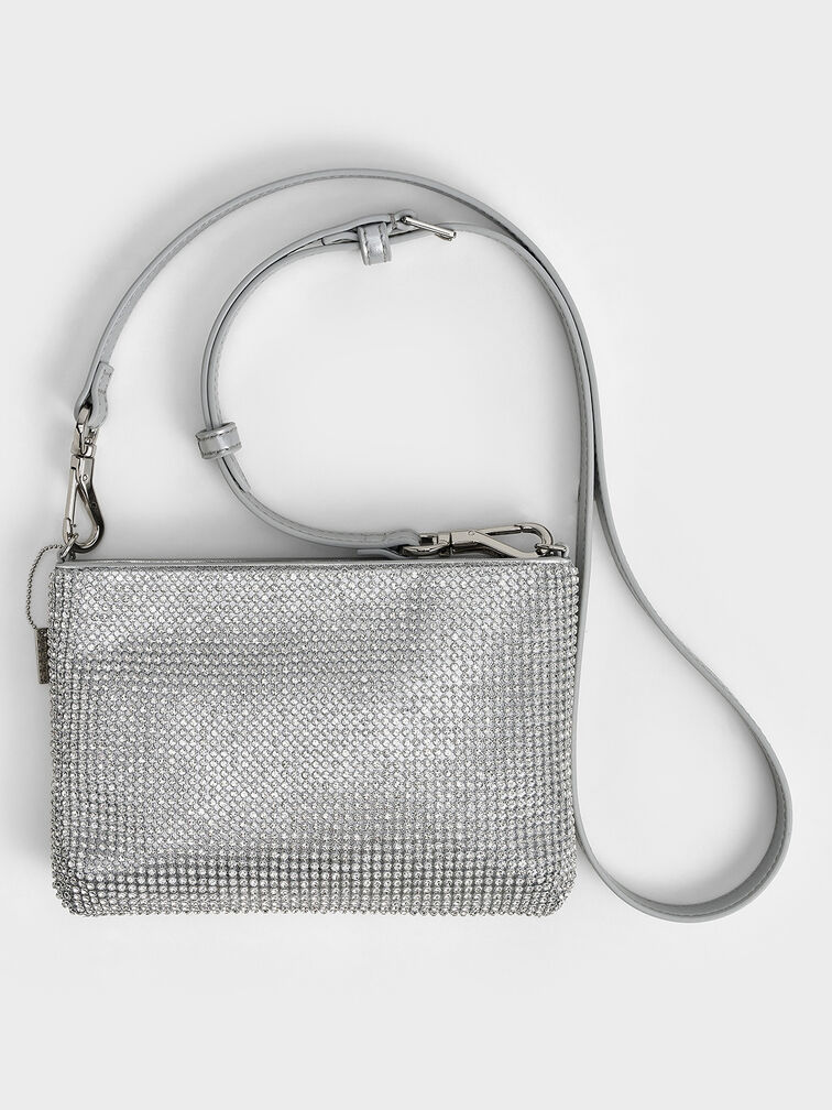 Bolso con asa de cadena adornado con cristales, Plateado, hi-res