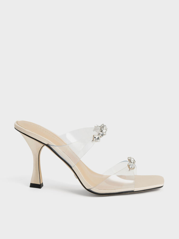 Gem-Encrusted Clear Strap Sandals, Nude, hi-res