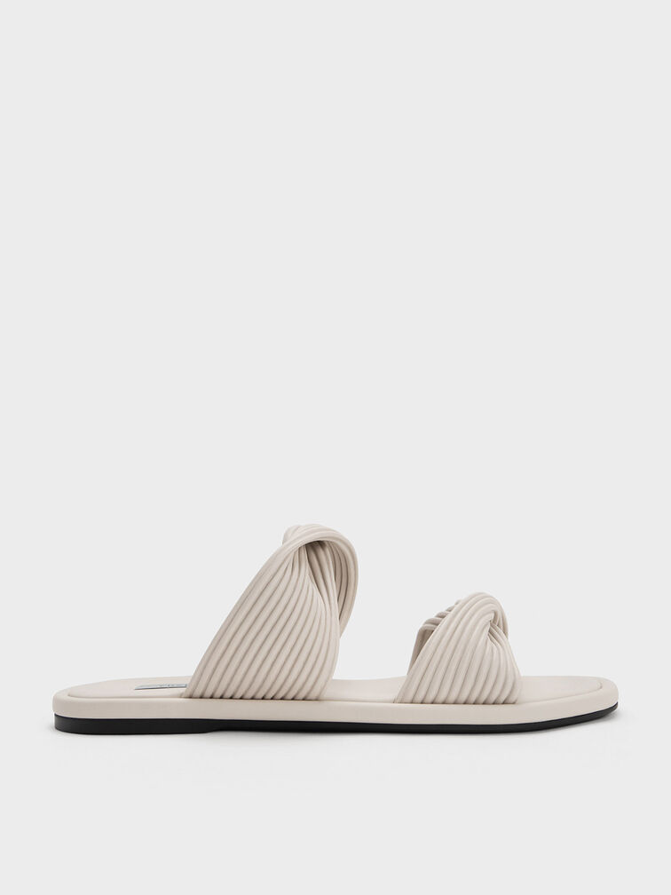 Pleated Twist Strap Slides, Chalk, hi-res