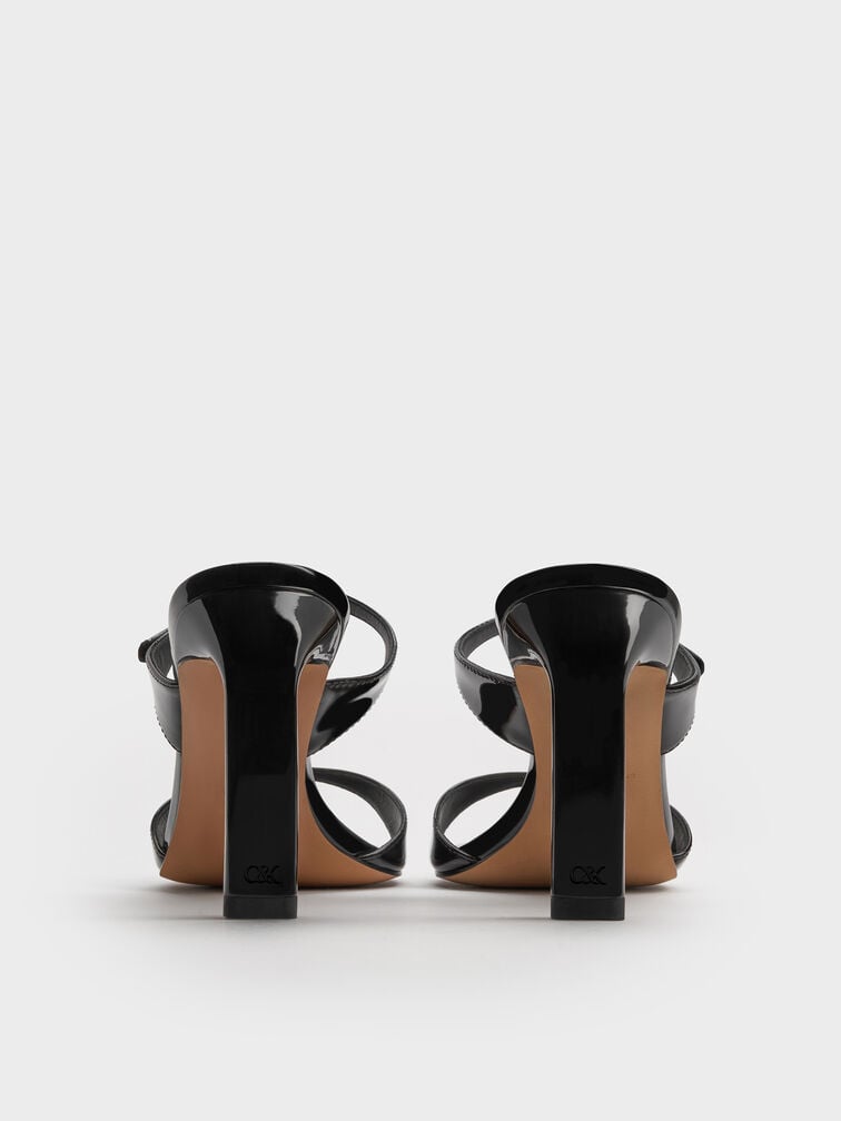 Patent Leather Gem-Buckle Double-Strap Heeled Sandals, Black Patent, hi-res