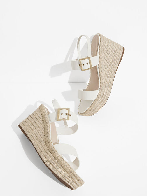 Buckled Espadrille Wedges, White, hi-res