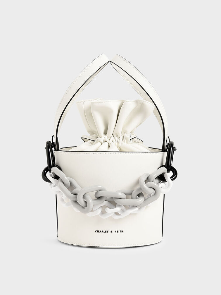 Double Chain Link Bucket Bag, White, hi-res
