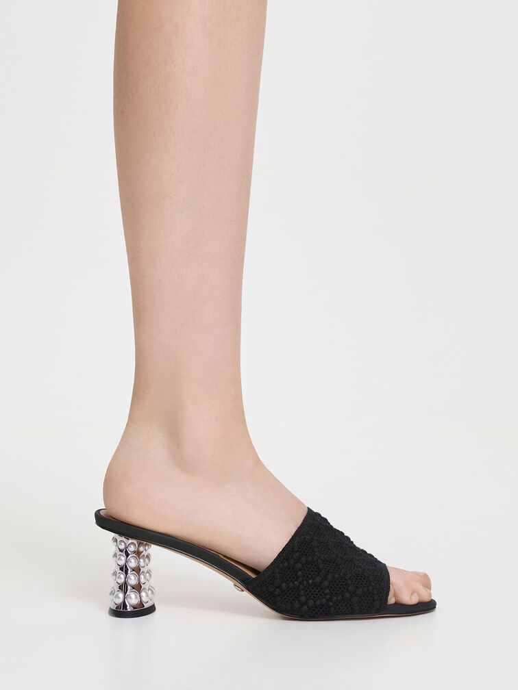 Beaded Heel Crochet Mules, Black, hi-res