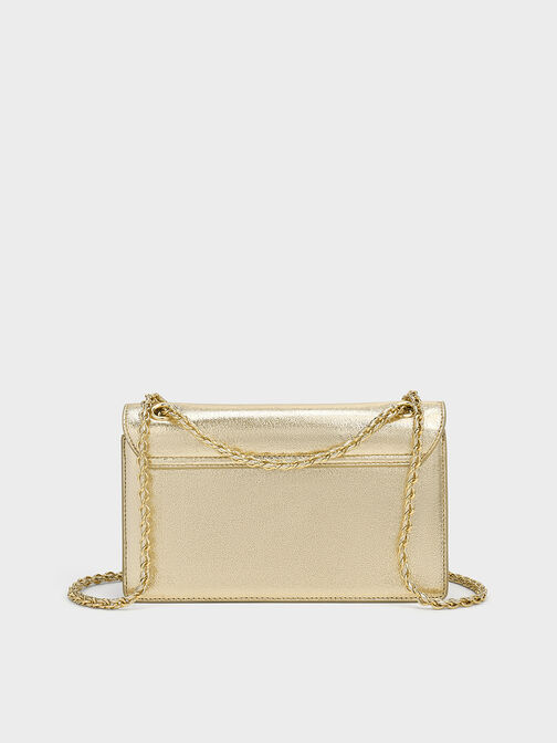 Bolso Everline con correa trenzada y purpurina, Dorado, hi-res