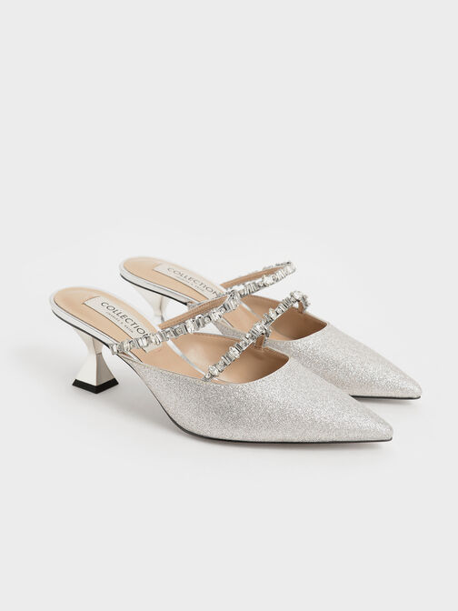 Gem-Encrusted Metallic Glittered Mules, Silver, hi-res