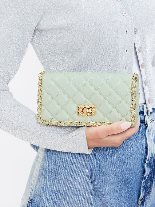 Micaela Quilted Long Wallet, Green, hi-res