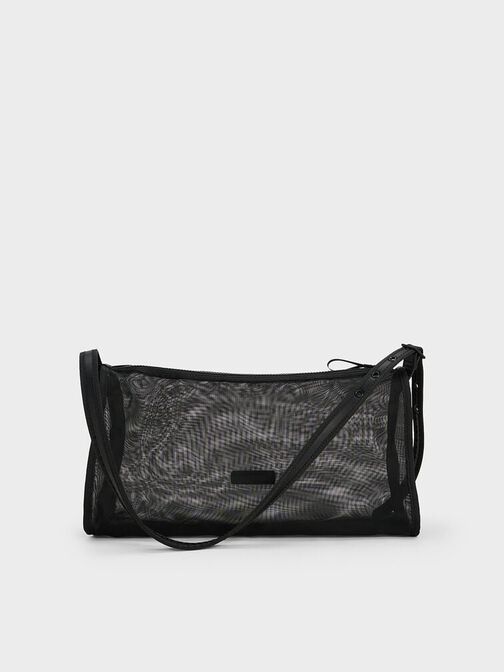 Mesh Elongated Shoulder Bag, Jet Black, hi-res