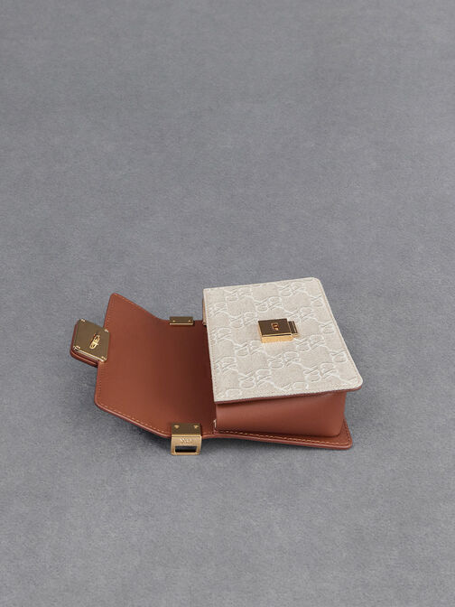 Bolso estructurado rectangular de cuero y lona bicolor, Coñac, hi-res