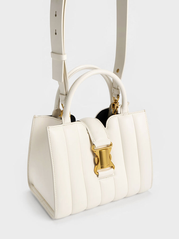 Cream Ivy Panelled Metallic Buckle Tote - CHARLES & KEITH KR