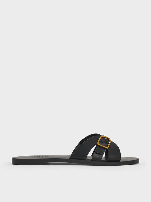 Belted Slide Sandals, Black, hi-res
