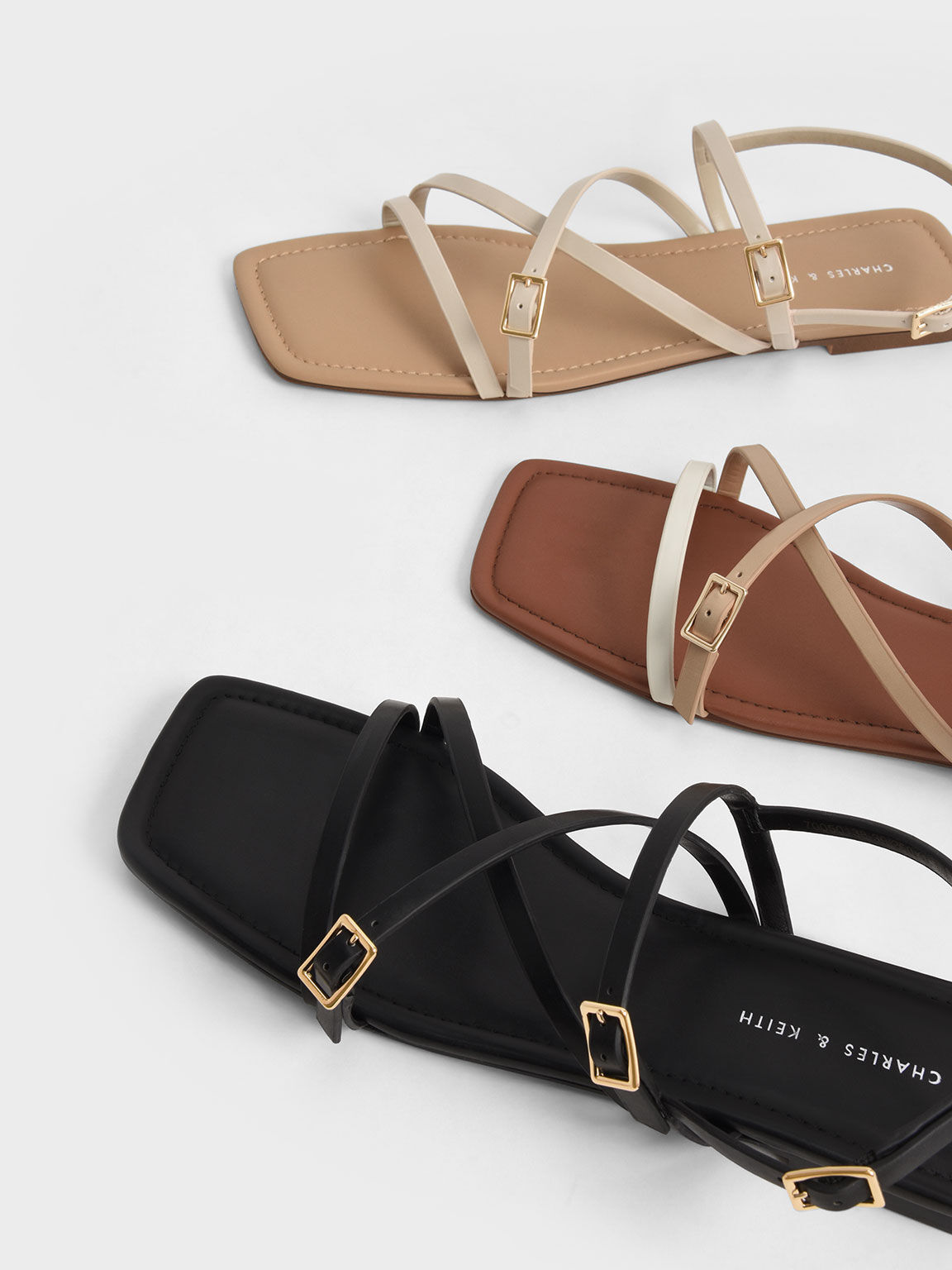 Strappy Mini Buckle Flat Sandals, Chalk, hi-res