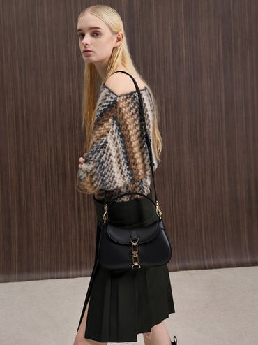 Agatha Chain-Accent Hobo Bag, Black, hi-res