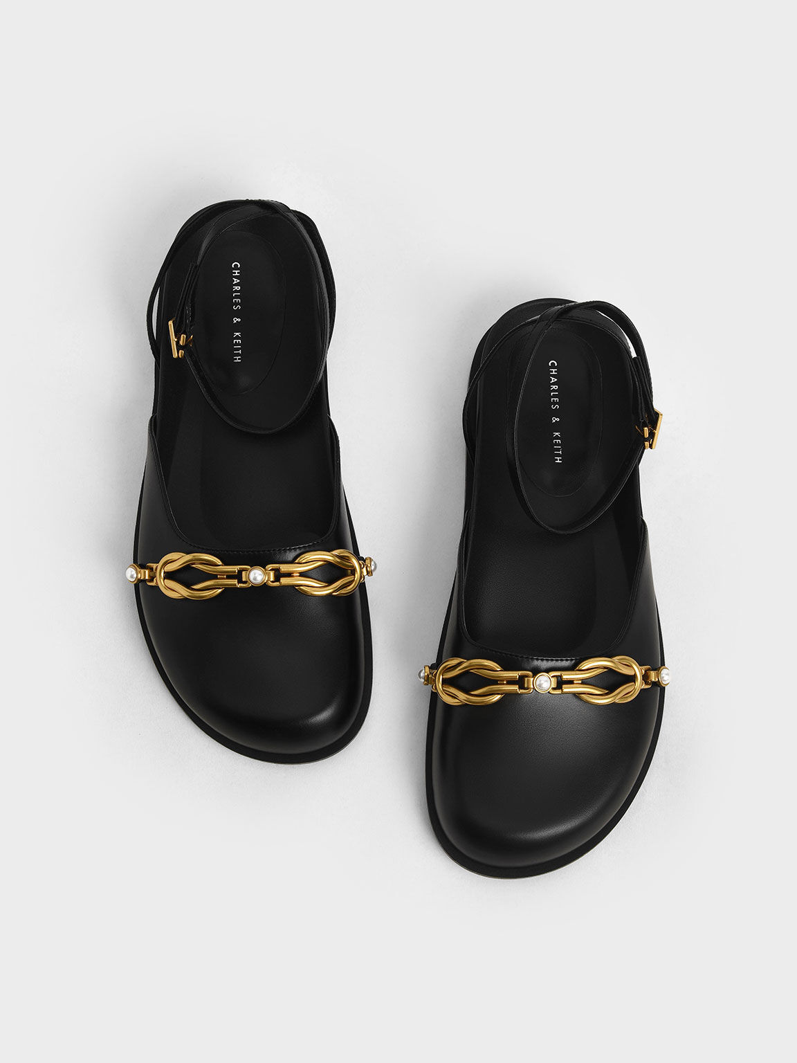 Beaded Chain-Link Ankle Strap Flats, Black, hi-res