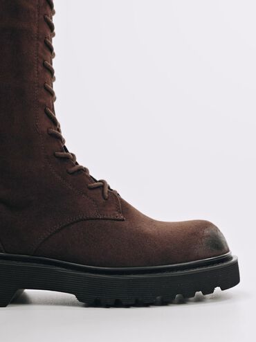 다리안 인조 스웨이드 레이스-업 버클-스트랩 니-하이 부츠, 다크 브라운 텍스처드, hi-res