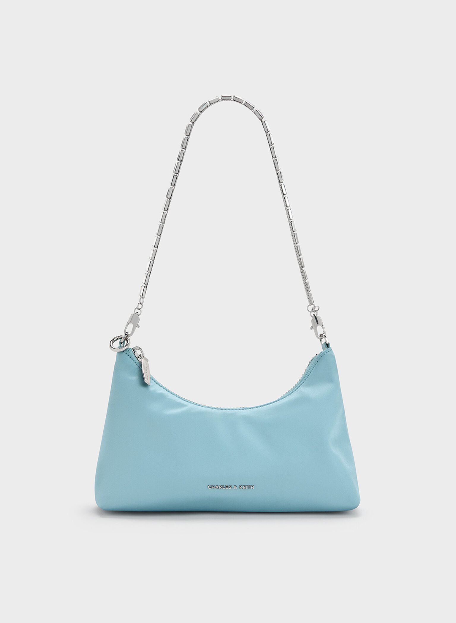 Satin Crystal-Embellished Chain-Handle Two-Way Bag, Sky Blue, hi-res