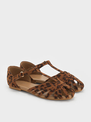Girls' Leopard-Print Caged T-Bar Sandals, Animal Print Brown, hi-res