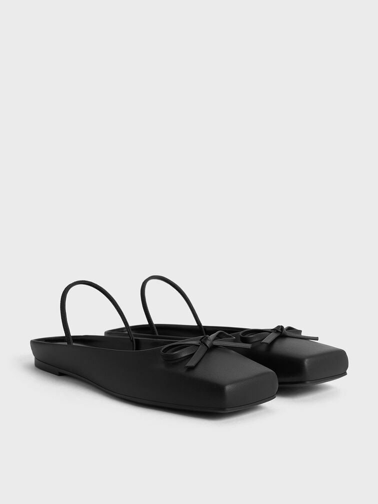 Mules de balé com bico quadrado e laço, Black, hi-res
